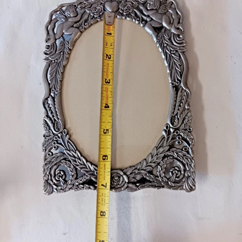 Vintage Ornate Cherub Picture Frame Silver Tone Oval Floral Metal Wall Decor